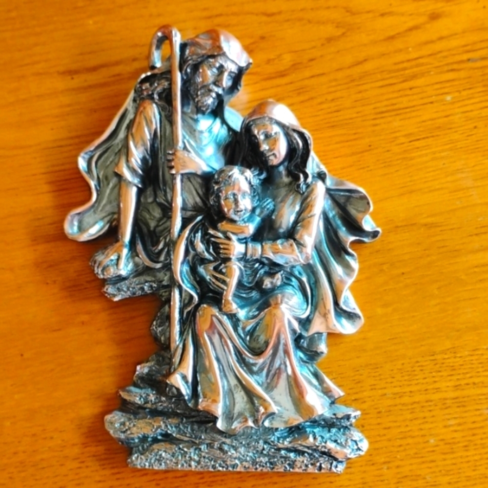 Religious Metal Copper Color Holy Family Mary, Joseph and Baby Jesus Wall Plaque